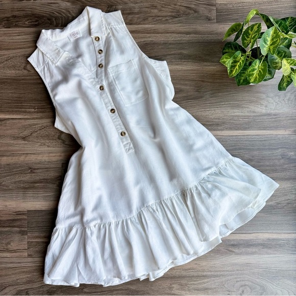 Fate Sleeveless V-Neck Collared Linen Blend Flounce Off White Dress Size M - Picture 2 of 14